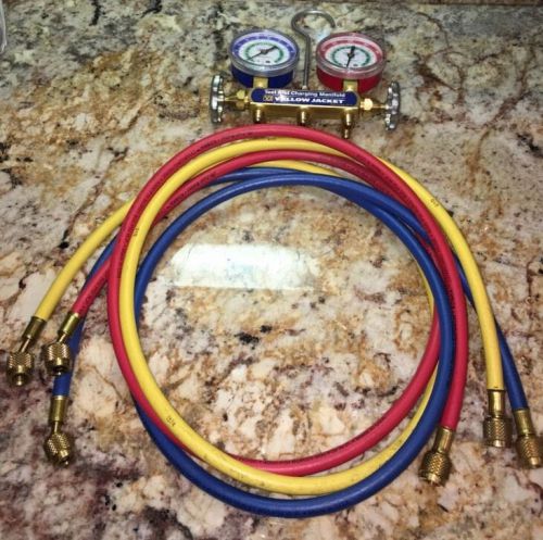 Yellow jacket 2 valve test &amp; charging manifold r-502 r-22 r-12 with 5ft hoses for sale