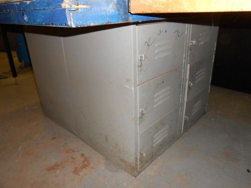 Metal slab style covered butcher block table on locker base storage cabinets for sale