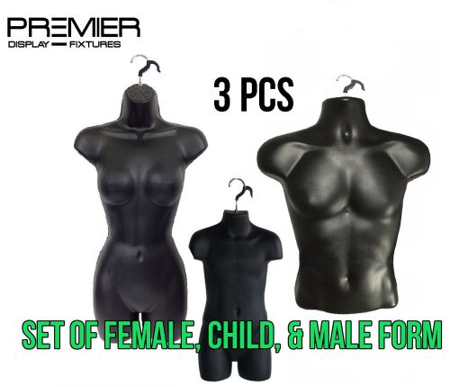 New 3 piece full female, child half male hanging mannequin torso body form black for sale