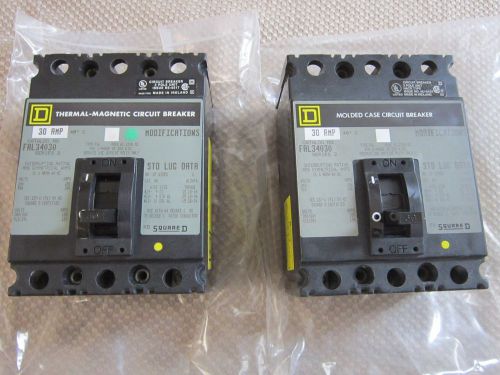 2 NEW 30 AMP 3 POLE SQUARE D THERMAL MAGNETIC BREAKERS FAL34030