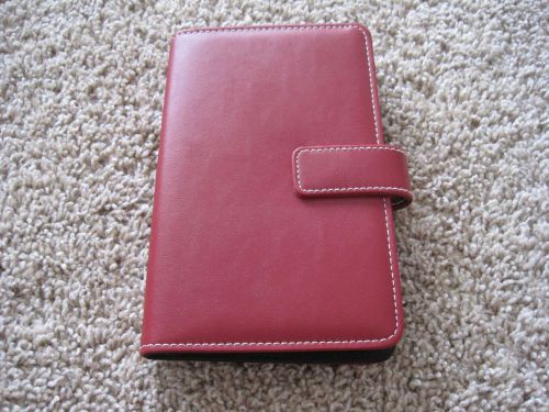 Red leather business card holder (7.5&#034;X5&#034;), pre-owned, snapclose, stores 72cards