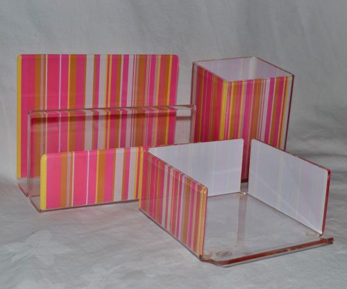 3 Piece Desk Set Organizer Pen Pencil Note Paper Letter Holder Pink Strip Clear