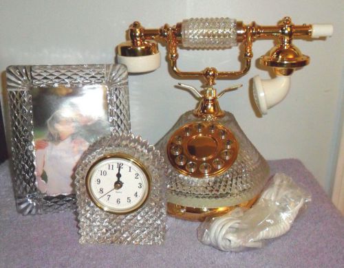 Bright Gold &amp; Crystal Desk Set - Old Fashioned Telephone, Picture Frame, Clock