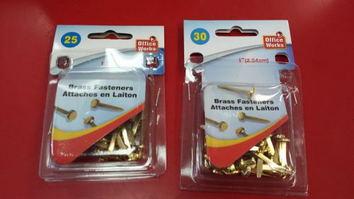 Set of 55 brass paper fasteners round head 30 -  1&#034; long 25 - 1 1/4&#034; long gold for sale