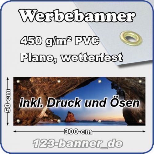 Werbebanner banner pvc plane werbeplane bedrucken 450 g/m? verost 300x50 cm for sale