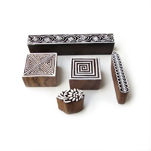 Multi hand carved floral and geometric designs wooden tag blocks (set of 5) for sale