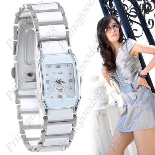 Oblong Case Ceramic Rhinestone Quartz Lady Wrist Ladies Wristwatch Women&#039;s White