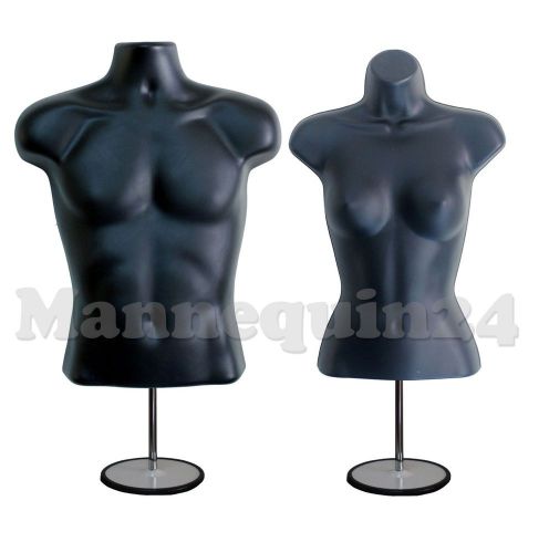 Black male &amp; female torso body foms w/ metal stands and hooks for pants display for sale