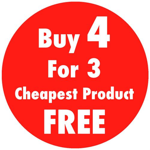 Red &#039;Buy 4 For 3&#039; Promotional Price Stickers Sticky Labels 25 30 35 or 45mm