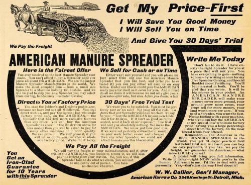 1907 ad w. w. collier american manure spreader farming - original cg2 for sale
