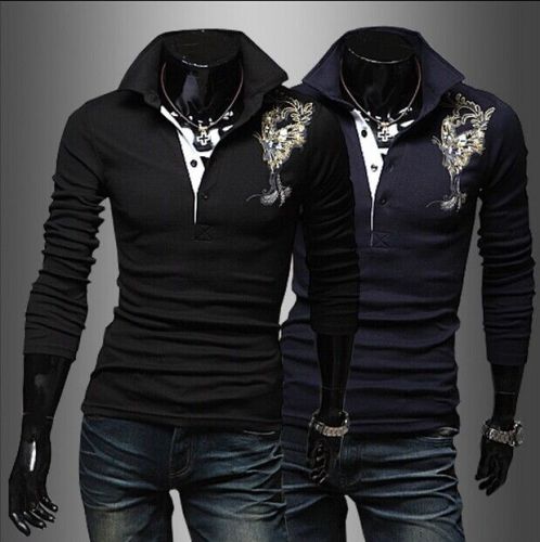 Men&#039;s fashion floral embroidery Paul Slim handsome long-sleeved shirt POLO shirt