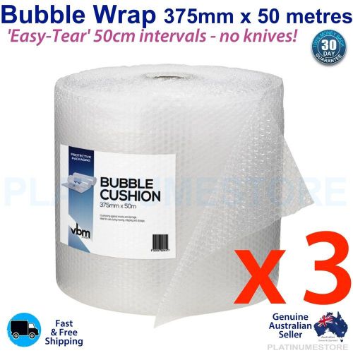 3 Bubble Wrap Rolls 50M x375mm Roll Perforated Bubblewrap Clear 10mm Air Bubbles