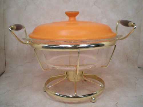 Fireking mid century glass 2 qt. casserole orange covered chafing dish warmer for sale