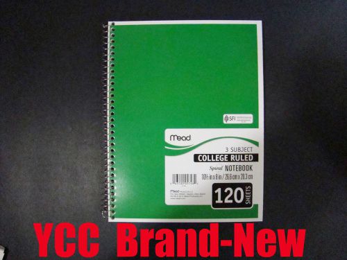 Mead Spiral Notebook,3subject,120sheets,college ruled,green cover,10.5x8in,1pk