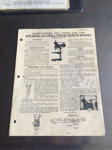 1948 Original ATLAS No. 64 Drill Press Instructions &amp; Parts Price List Manual