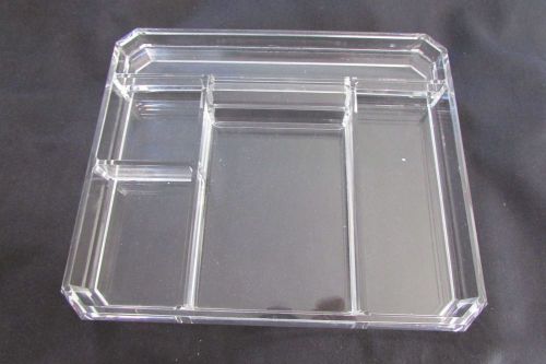 Clear Plastic Thick Lucite Desk Top Organizer Beveled Edges Clips Pens Notes