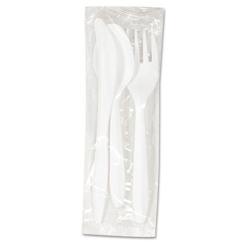 Three-Piece Wrapped Cutlery Kit: Fork, Knife, Spoon; White, 250 Kits/Carton