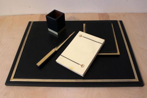 vintage GUCCI black Leather Desk Blotter Note Pad Pen Holder Letter Opener set