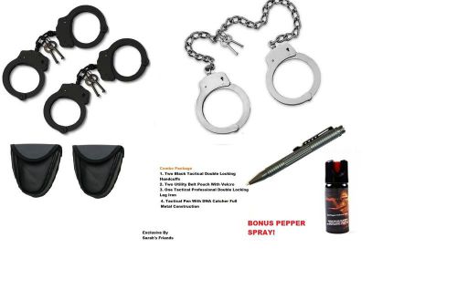 Double locking handcuffs and leg iron combo set with pepper spray and metal pen for sale