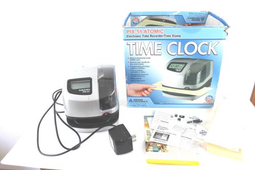 AMANO PIX-55 ATOMIC ELECTRONIC TIME CLOCK RECORDER STAMP w/ POWER CORD BOX CARDS