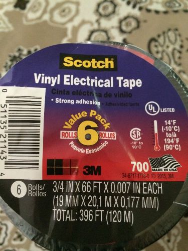 Scotch 3M Black Vinyl Electrical Tape 3/4&#034; X 66&#039; X .007&#034; 6 New Rolls 700 series