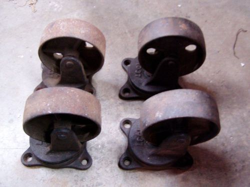 4 Huge Antique Vintage Matching  Cast Iron Industrial Caster Cart Wheels- lot 1