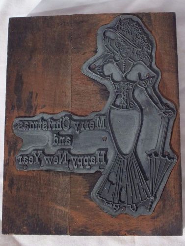 VICTORIAN MERRY CHRISTMAS &amp;HAPPY NEW YEAR LADY PRINTING BLOCK ADVERTISING SIGNED