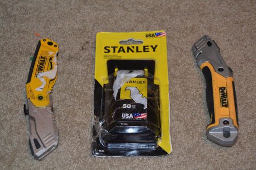 2 Dewalt Folding Boxcutters and Box of Stanley Large Hook Blades **PRICE DROP**