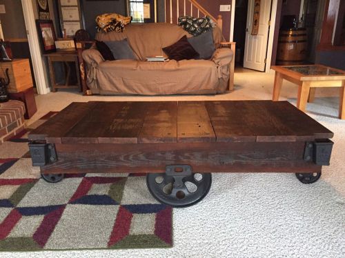 Antique Vintage Wood Factory Cart Flatbed Lineberry Cast Iron Table Industrial