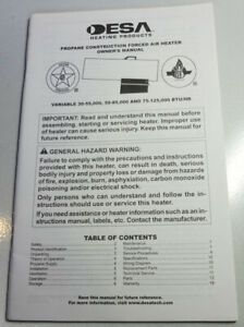 DESA Construction Forced Air Heater Paper Instruction Manual 30-125,000 BTU