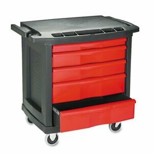Rubbermaid 773488 Five-Drawer Mobile Work Center, Black/Red (RCP773488)