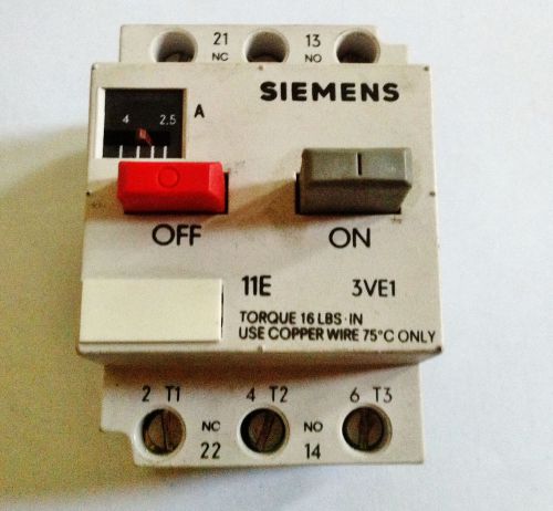 Siemens 11e 3ve1 adjustable breaker, contactor, starter, 3ve10102j for sale