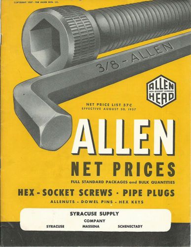 1957 brochure &amp; price list  allen hex-socket screws pipe plugs hex keys for sale