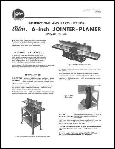 Atlas 6 inch jointer-planer manual 1950 for sale