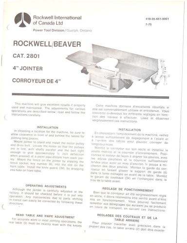 ROCKWELL BEAVER MANUAL: 4&#034; Wood JOINTER / CORROYEUR DE 4&#034; #2801  - 1975 edition