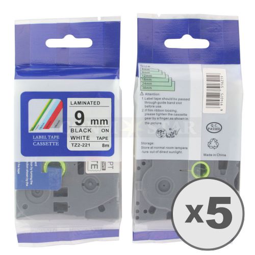 5pk white on black tape label for brother p-touch tz tze 221 9mm 3/8&#034; 26.2ft for sale