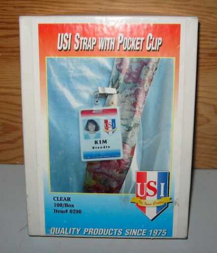 USI Strap with Pocket Clip for Laminated ID Badges 100 Clear Straps #0290