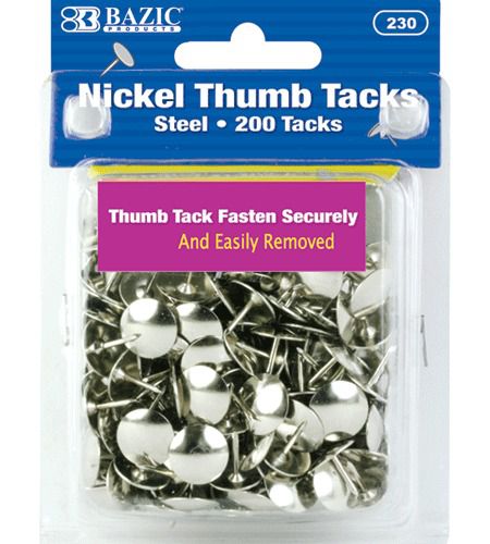 BAZIC Nickel (Silver) Thumb Tack (200/Pack), Case of 24