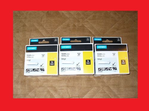 Lot of 3 dymo industrial rhino labels 12mm 1/2 inch vinyl (black on white) 18444 for sale