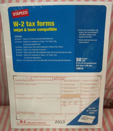 50 Staples 6-Part W-2 Tax Forms New &amp; Sealed Pack Of 50 Inkjet / Laser