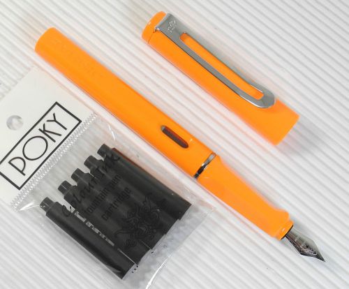 JINHAO 599B Fountain pen ORANGE plastic barrel free 5 POKY cartridges BLACK ink