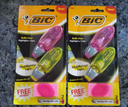 LOT OF 2- BIC BRITE LINER HIGHLIGHTER TAPE 2 YELLOW 2 PINK TOTAL + ERASER NEW!