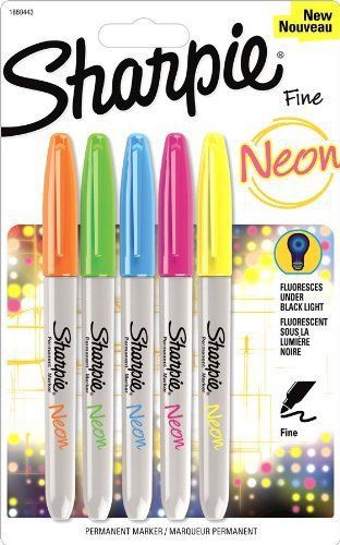 1 Sharpie Neon Fine Point Permanent Markers, 5 Colored Ink Markers Brand New!