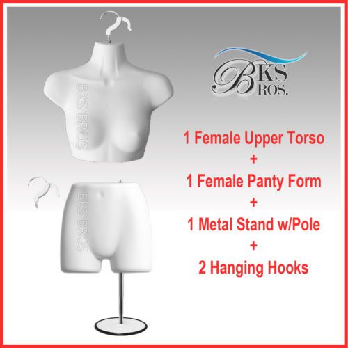 2 - White Woman Torso + Female Panty Form Mannequin w/Metal Stand+ Hanging Hooks
