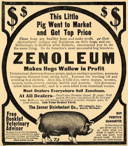 1907 ad agricultural zenoleum prevent hog farm diseases - original cg1 for sale