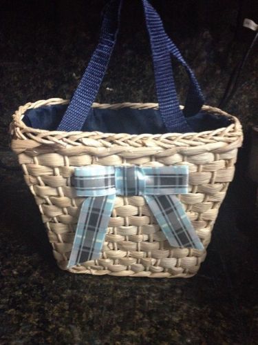 Small Straw Basket lined Blue Fabric and Ribbon Handles to Pack Beautiful Gifts