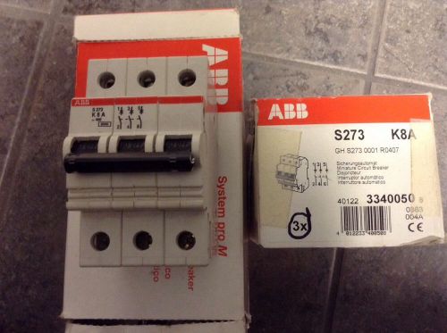 New ABB  S273 K8A 8 AMP 277-480 VAC 3-Pole Circuit Breaker 10kaic IEC 947