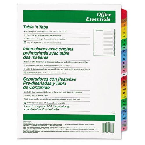 Office essentials table &#039;n tabs dividers, 31 multicolor tabs, 1-31, letter, set for sale