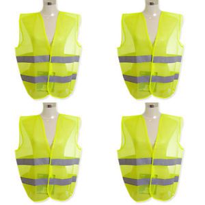 4x Neon Yellow Safety Vest W/ Reflective Strips High Security Visibility BN-5194