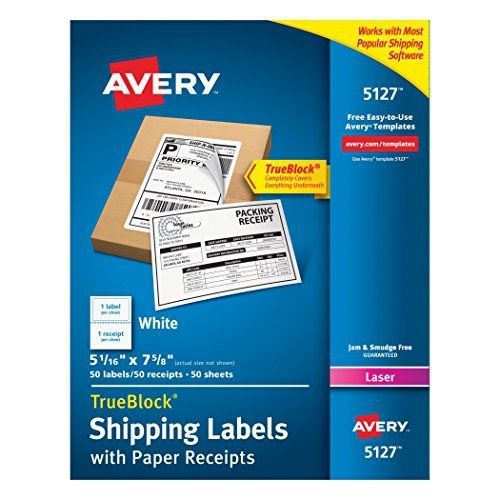 Avery Shipping Label with Paper Receipt, Laser, TrueBlock Technology, White, 50